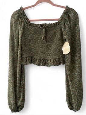 Altar’d State Olive Green Floral Long Sleeve Crop Top
